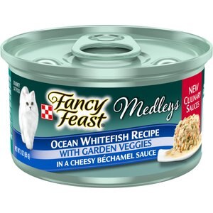 Fancy Feast Medleys Ocean Whitefish Recipe with Garden Veggies in Cheesy Bechamel Sauce Canned Cat Food, 3-oz can, case of 24