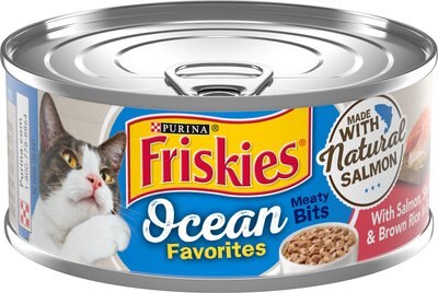Friskies Ocean Favorites Meaty Bits Salmon, Shrimp & Brown Rice Wet Cat Food, 5.5-oz can, case of 24, slide 1 of 1