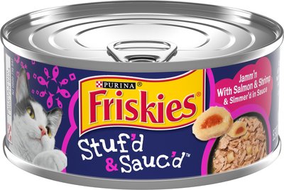 Friskies Stuf'd & Sauc'd Jamm'n Salmon & Shrimp & Simmer'd in Sauce Wet Cat Food, 5.5-oz can, case of 24, slide 1 of 1