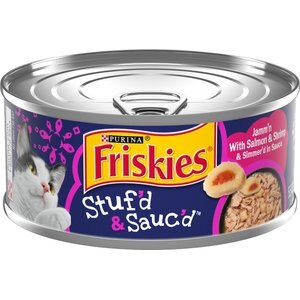 Friskies Stuf'd & Sauc'd Jamm'n Salmon & Shrimp & Simmer'd in Sauce Wet Cat Food, 5.5-oz can, case of 24