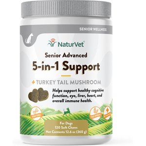 NaturVet Senior Advanced 5-in-1 Support Turkey Tail Mushroom, Ginko Biloba, Coenzyme Q10 & Lutien Dog Supplement, 120 count
