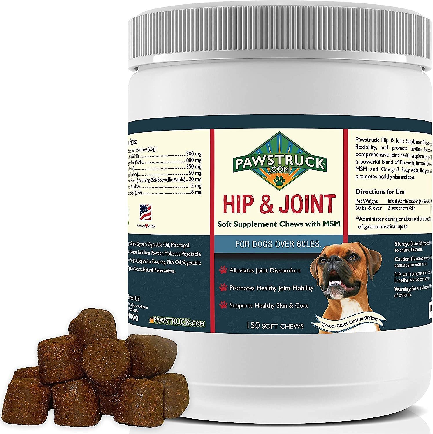 PAWSTRUCK Hip & Joint Chews Dog Supplement, Over 60 lbs, 150-count ...