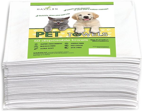 DAVELEN Disposable Dog & Cat Towels, White, 31.5 x 15.7 in, 50 count slide 1 of 4