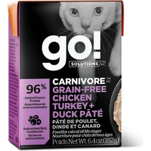 Go! Solutions CARNIVORE Grain-Free Chicken, Turkey + Duck Pate Cat Food, 6.4-oz, case of 24