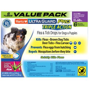 Hartz UltraGuard Pro Triple Action Flea & Tick Spot Treatment for Dogs, 31-60 lbs, 6 Doses (6-mos. supply)