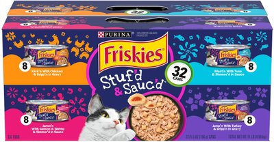 Friskies Stuf'd & Sauc'd Chicken, Tuna, Turkey, Salmon & Shrimp Variety Pack Canned Cat Food, 5.5-oz can, case of 32, slide 1 of 1