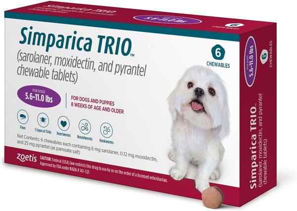 Simparica Trio Chewable Tablet for Dogs, 5.6-11.0 lbs, (Purple Box), 6 Chewable Tablets (6-mos. supply) slide 1 of 7