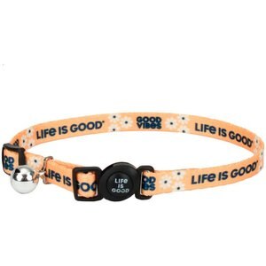 LIFE IS GOOD Good Vibes Polyester Breakaway Cat Collar with Bell, Yellow, 8 to 12-in neck, 3/8-in wide