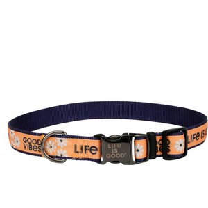 LIFE IS GOOD Canvas Overlay Good Vibes Dog Collar, Yellow, 12 to 18-in neck, 5/8-in wide