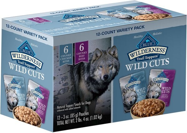 Blue Buffalo Wilderness Trail Toppers Wild Cuts Variety Pack Chunky Chicken & Beef Bites in Gravy Grain-Free Dog Food Topper, 3-oz, pouch of 12 slide 1 of 3