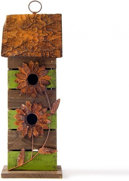 Glitzhome Hanging Two-Tiered Flowers Distressed Wood Bird House, 14.45-in slide 1 of 4