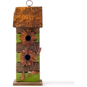 Glitzhome Hanging Two-Tiered Flowers Distressed Wood Bird House, 14.45-in