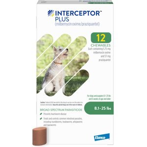 Interceptor Plus Chew for Dogs, 8.1-25 lbs, (Green Box), 12 Chews (12-mos. supply)