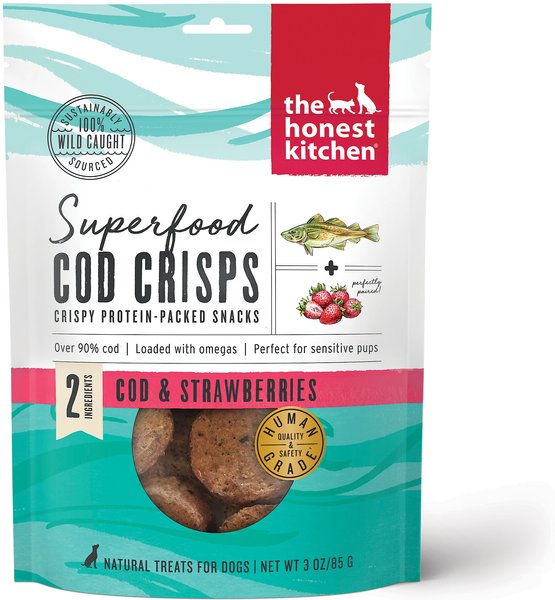The Honest Kitchen Superfood Cod Crisps Cod & Strawberry Dehydrated Dog Treats, 3-oz bag slide 1 of 6
