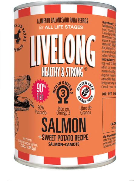 Livelong Healthy & Strong Salmon & Sweet Potato Recipe Wet Dog Food, 12.8-oz can, case of 12 slide 1 of 6