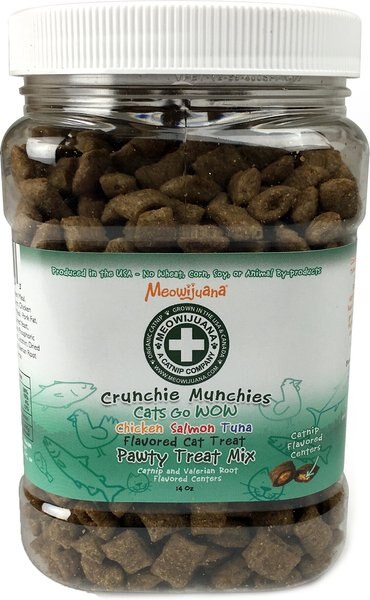 Meowijuana Crunchie Munchies Chicken, Salmon, & Tuna Pawty Mix Cat Treat, 14-oz tub slide 1 of 5