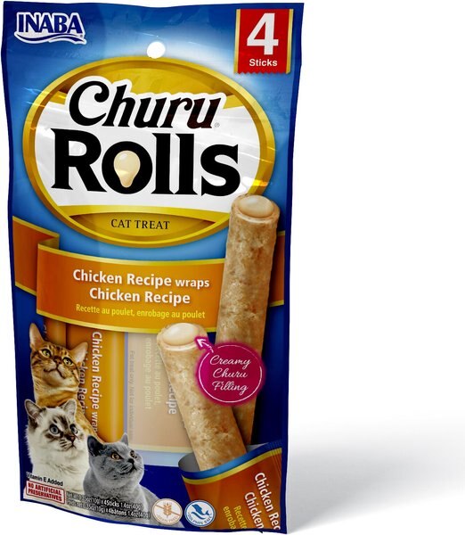 Inaba Churu Rolls Chicken Recipe wraps Chicken Recipe Grain-Free Cat Treats, 0.35-oz, pack of 4 slide 1 of 2