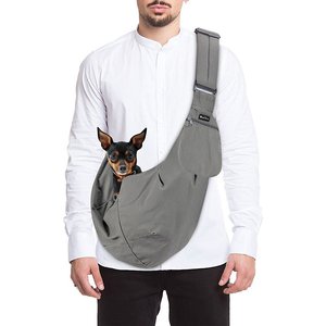man wearing a grey sling over shoulder with a small dog inside