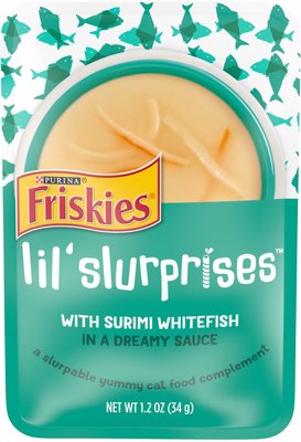 Friskies Lil’ Slurprises With Surimi Whitefish in Dreamy Sauce Wet Cat Food Topper, 1.2-oz pouch, case of 16, slide 1 of 1