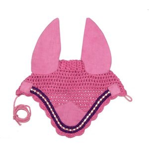 Derby Originals Paris Tack Premium Show Crochet Horse Fly Veil Bonnet w/ Crystal Brow & Soft Knit Ears, Pink, Pony