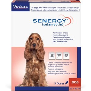 Senergy Topical Solution for Dogs, 20.1-40 lbs, (Red Box), 3 Doses (3-mos. supply)