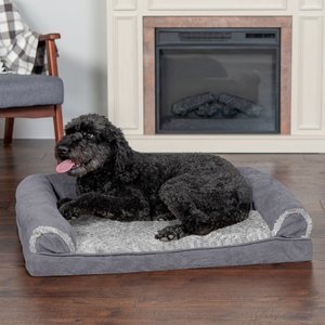 FurHaven Faux Fur & Suede Memory Foam Sofa Dog & Cat Bed, Stone Gray, Large