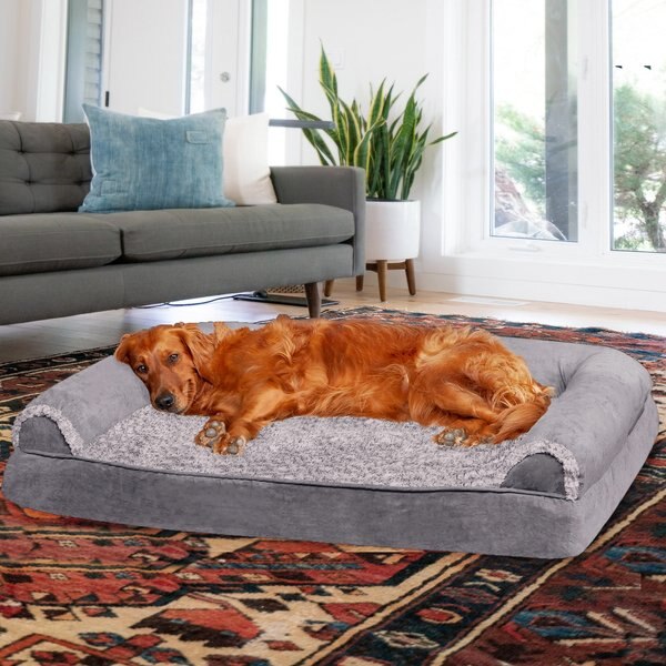 FurHaven Faux Fur & Suede Memory Foam Sofa Dog & Cat Bed, Stone Gray, Jumbo slide 1 of 9