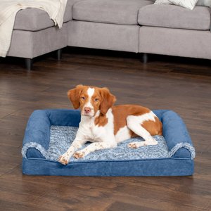FurHaven Faux Fur & Suede Memory Foam Sofa Dog & Cat Bed, Marine Blue, Medium