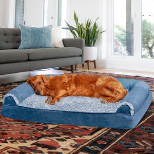 FurHaven Faux Fur & Suede Memory Foam Sofa Dog & Cat Bed, Marine Blue, Jumbo