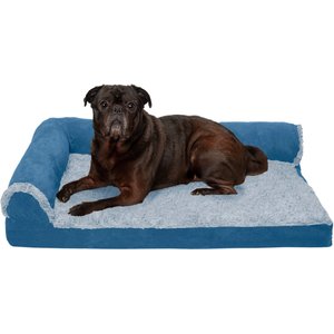 FurHaven Two Tone Faux Fur & Suede Deluxe Chaise Cooling Gel Dog & Cat Bed w/Removable Cover, Marine Blue, Medium