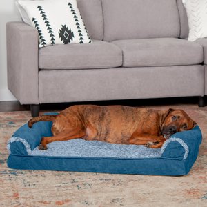 FurHaven Faux Fur & Suede Cooling Gel Sofa Dog & Cat Bed, Marine Blue, Large