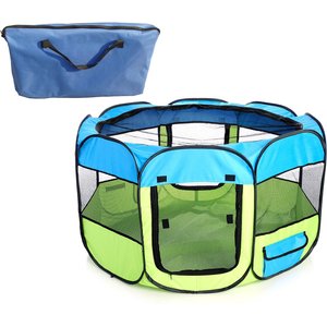 Pet Life All-Terrain Wire-Framed Collapsible Travel Dog Playpen, Blue & Green, Large