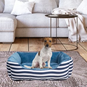HappyCare Textiles Rectangle Ultra-Soft Bolster Cat & Dog Bed, Blue Stripe, Large