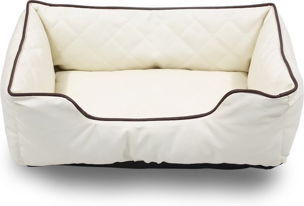 HappyCare Textiles Luxury All Sides Faux Leather Bolster Cat & Dog Bed, Ivory, Large slide 1 of 5