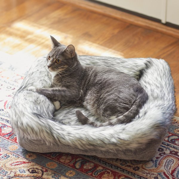 Frisco Fur Cuffed Rectangle Cuddler Cat Bolster Bed, Gray, Small slide 1 of 6