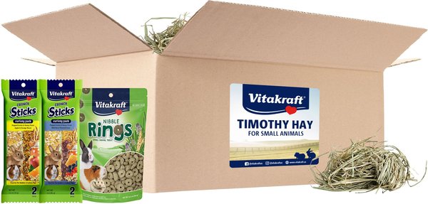 Vitakraft Small Animal Timothy Hay, Crunch Sticks & Nibble Rings Rabbit, Guinea Pig & Chinchilla Treats Bundle, 10-lb box slide 1 of 2