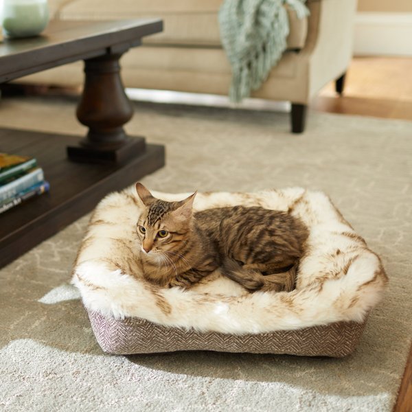 Frisco Fur Cuffed Rectangle Cuddler Cat Bolster Bed, Brown, Small slide 1 of 6
