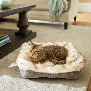 Frisco Fur Cuffed Rectangle Cuddler Cat Bolster Bed, Brown, Small