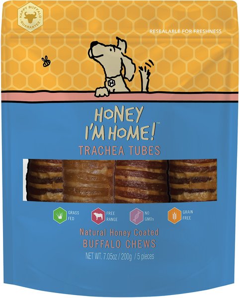 Honey I'm Home! Trachea Tubes Natural Honey Coated Buffalo Chews Grain-Free Dog Treats, 5 count slide 1 of 4