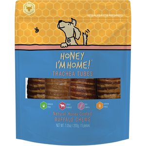 Honey I'm Home! Trachea Tubes Natural Honey Coated Buffalo Chews Grain-Free Dog Treats, 5 count