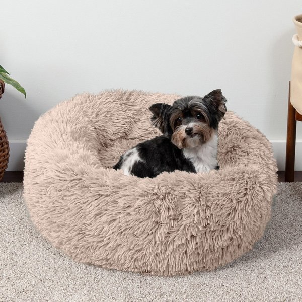 FurHaven Calming Cuddler Long Fur Donut Bolster Dog Bed, Taupe, Small slide 1 of 10