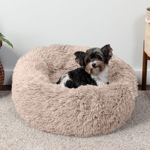 FurHaven Calming Cuddler Long Fur Donut Bolster Dog Bed, Taupe, Small