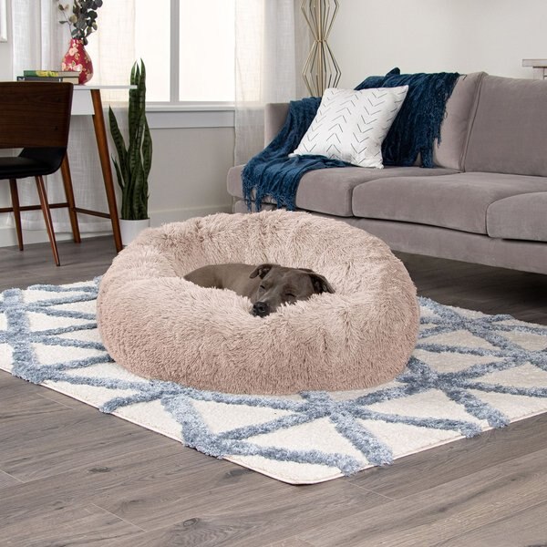 FurHaven Calming Cuddler Long Fur Donut Bolster Dog Bed, Taupe, Large slide 1 of 10