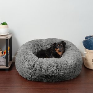 FurHaven Calming Cuddler Long Fur Donut Bolster Dog Bed, Gray, Medium