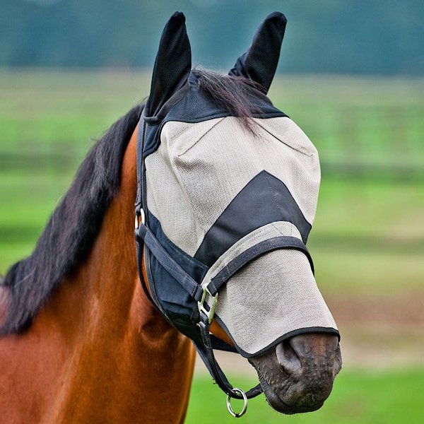 Horze Equestrian Long Nose Horse Fly Mask, Light Brown & Black, Cob slide 1 of 2