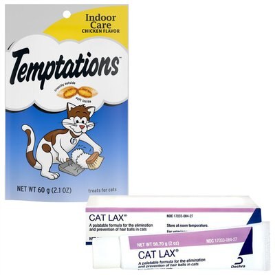 Cat Lax Cat Supplement, 2-oz tube & Temptations Indoor Care Chicken Flavor Cat Treats, 2.1-oz bag, slide 1 of 1