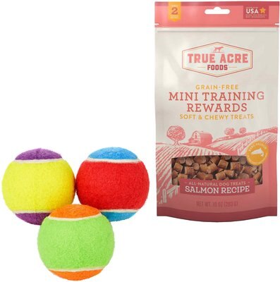 Frisco Fetch Squeaking Colorful Tennis Ball Dog Toy & True Acre Foods Salmon Recipe Mini-Training Rewards Grain-Free Soft & Chewy Dog Treats, slide 1 of 1
