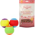 Frisco Fetch Squeaking Colorful Tennis Ball Dog Toy & True Acre Foods Salmon Recipe Mini-Training Rewards Grain-Free Soft & Chewy Dog Treats