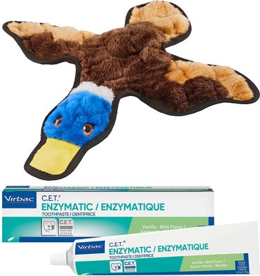 Frisco Flat Plush Squeaking Duck Dog Toy & Virbac C.E.T. Enzymatic Dog & Cat Vanilla-Mint Flavor Toothpaste, slide 1 of 1