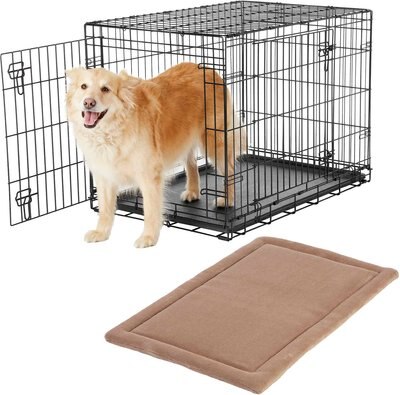Frisco Heavy Duty Fold & Carry Double Door Collapsible Wire Dog Crate & Frisco Micro Terry Dog Crate Mat, Taupe, slide 1 of 1